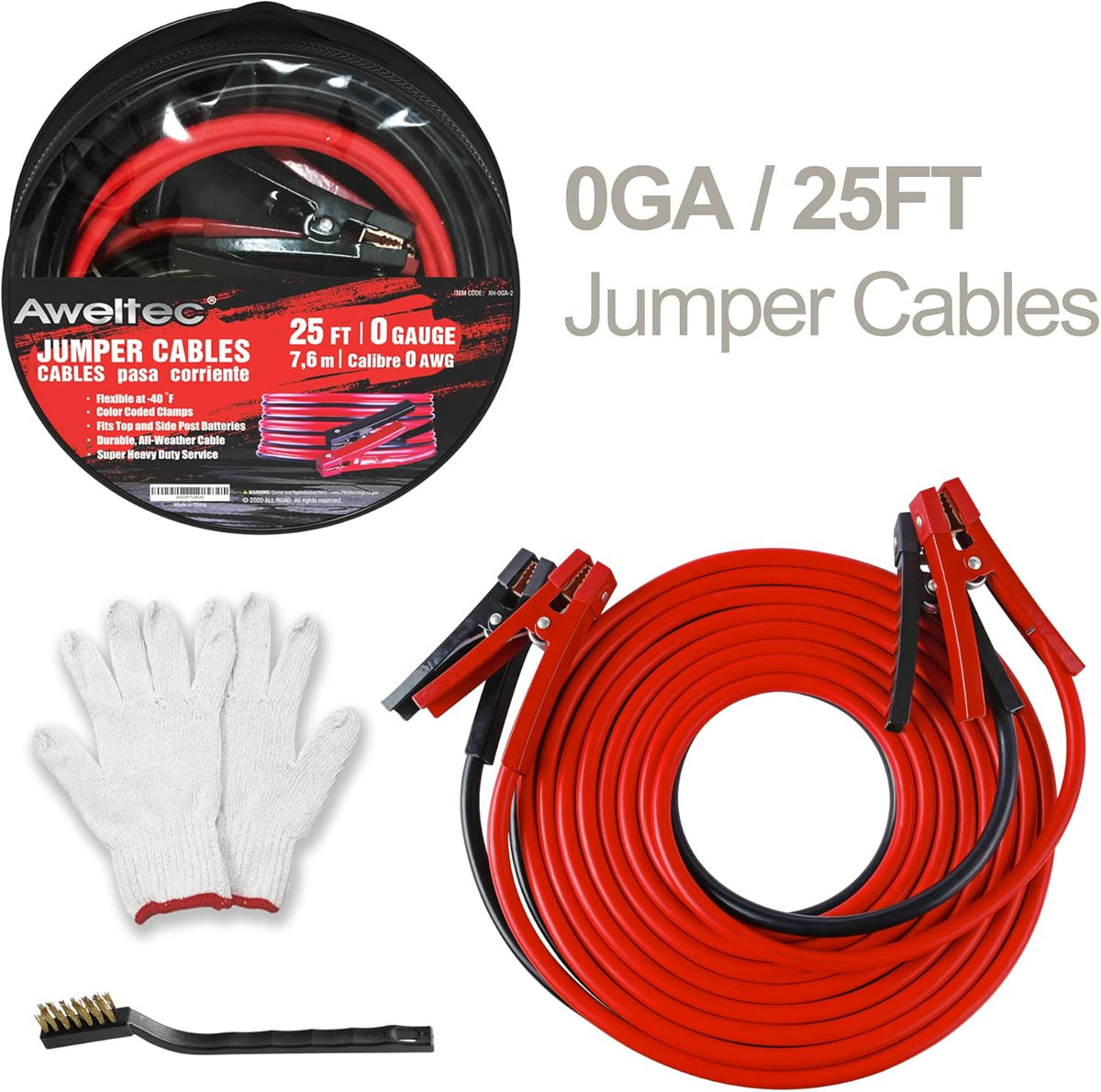 Heavy Duty Jumper Cables - 0 Gauge 25 Feet Battery Jumper Cables for Car, Heavy Duty Booster Cables (0AWG x 25Ft) with 600D Fabric Carrying Bag, Safety Gloves and Iron Brush