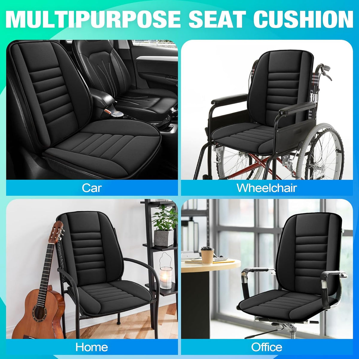 MYFAMIREA Car Seat Cushion and Back Support Pillow 1.2'' Thick Memory Foam Desk Chair Cushion Back Support for Automotive Seat Driver, Travel, Leg and Back Pain Relief, Washable, Adjustable, Black