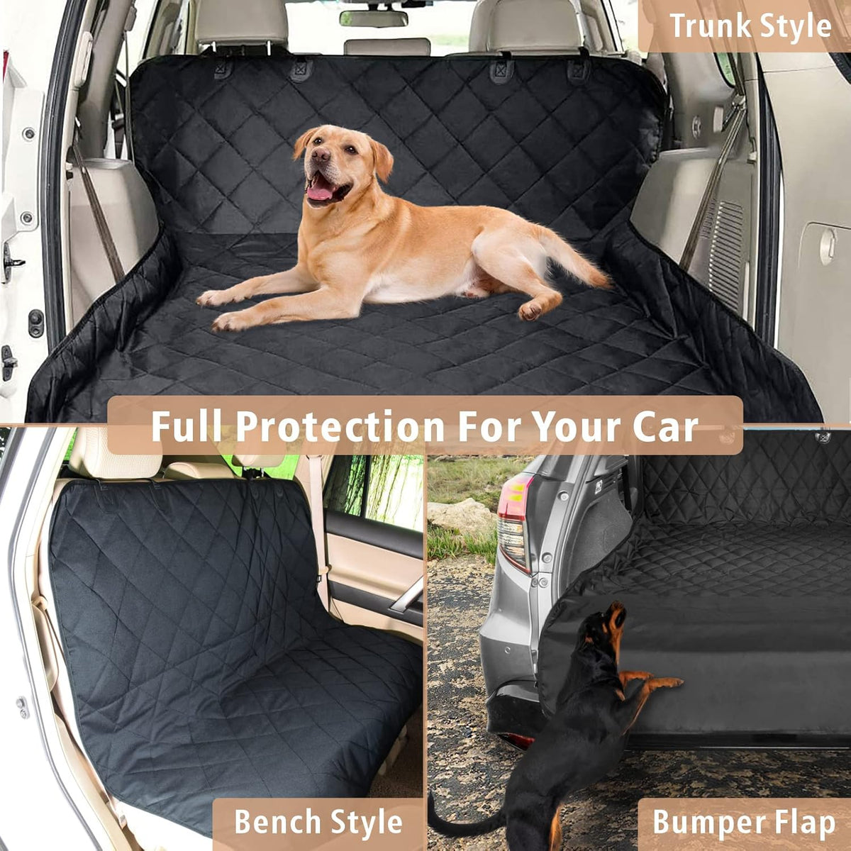 F-color SUV Cargo Liner for Dogs - Waterproof Pet Cargo Liner, Comfort Dog Cargo Cover with Bumper Flap Protector, Scrachproof Non-Slip Universal Fit SUVs Sedans Trunks Vans, Black