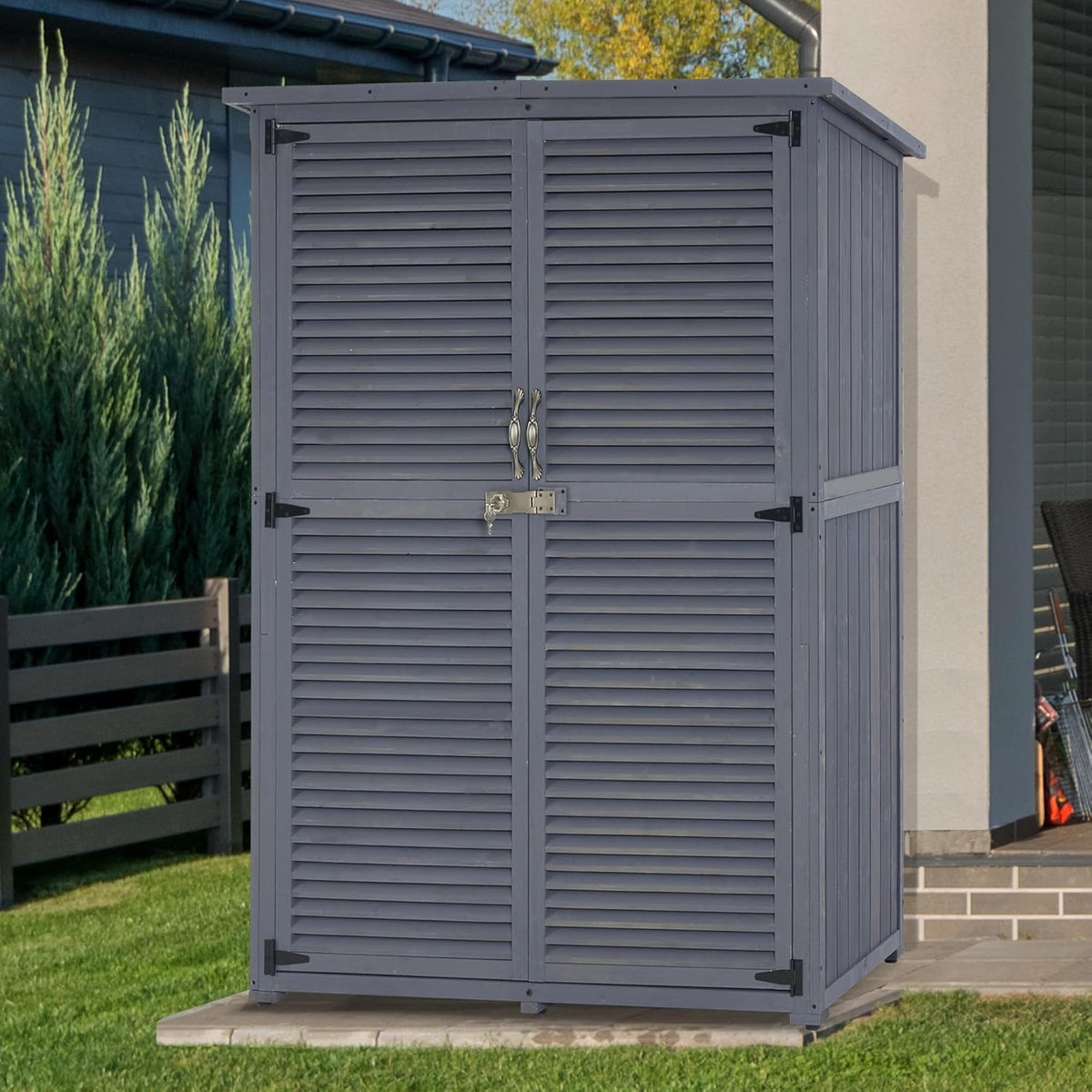 MCombo Outdoor Storage Cabinet, Wooden Storage Shed with Latch, Outside Garden Tool Shed with 2 Doors for Patio Yard Lawn, 1900 (Grey, Large)