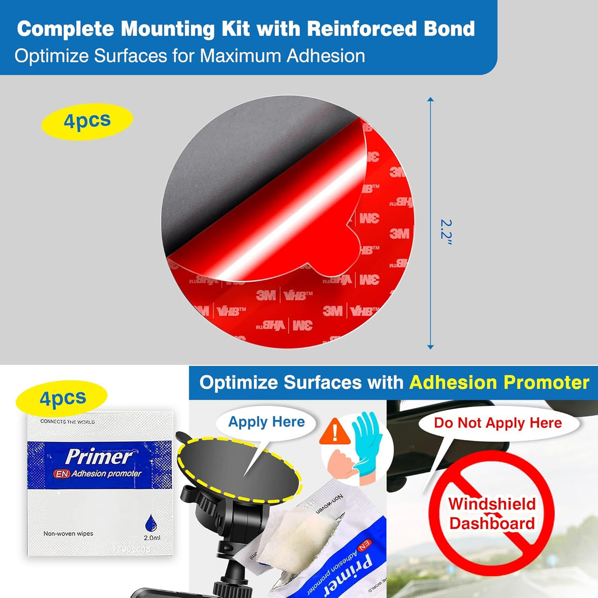 Double-Sided Adhesive Pads for Dash Cam Mount – Made with 3M VHB, 4-Pack 2.2" Round Heat-Resistant Sticky Tape for Windshield, Dashboard, GPS, and Camera Holders – Includes 4 Adhesion Promoter