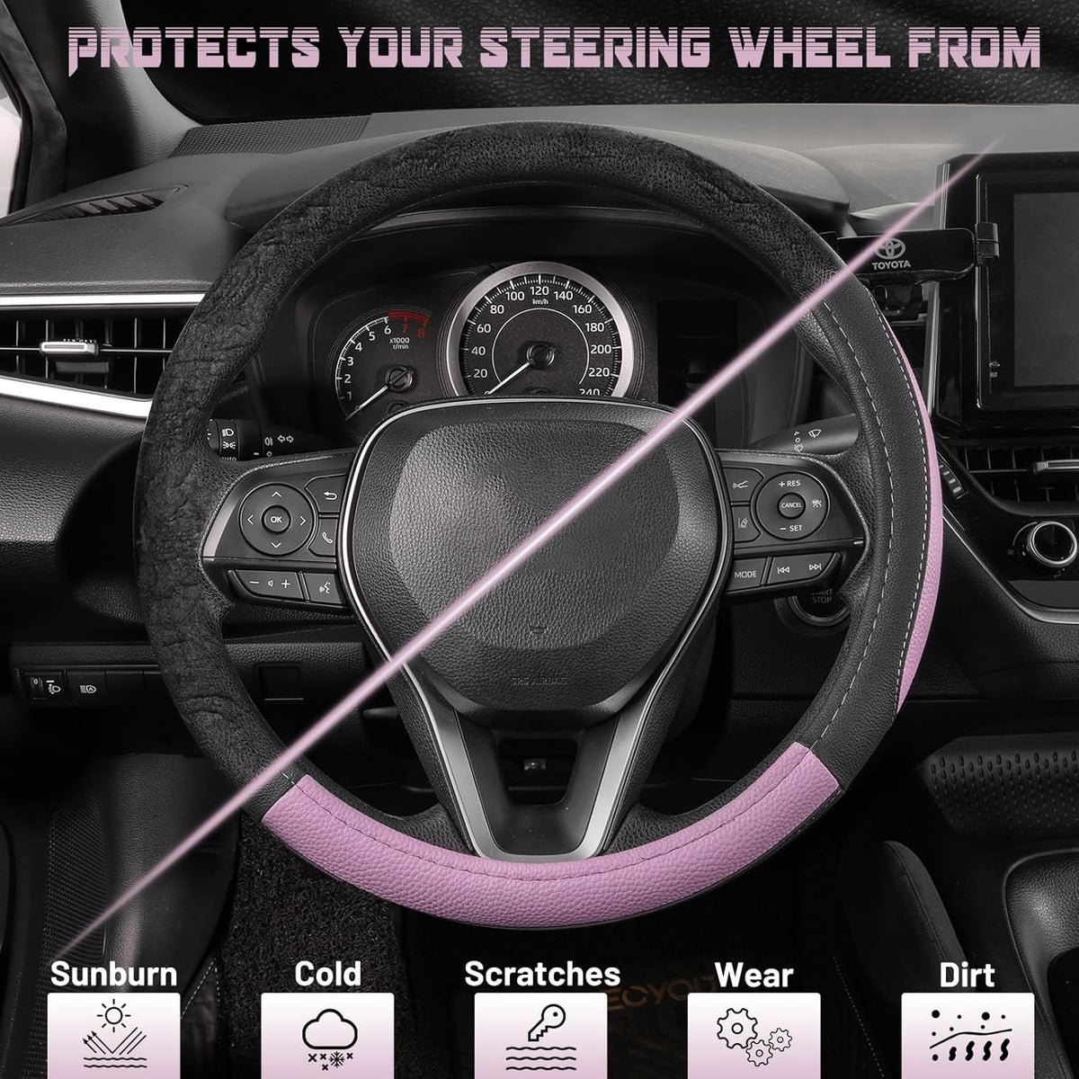 SEG Direct Steering Wheel Cover for Car, Standard Size 14.5-15 inch, Auto Interior Accessories, Black and Light Purple