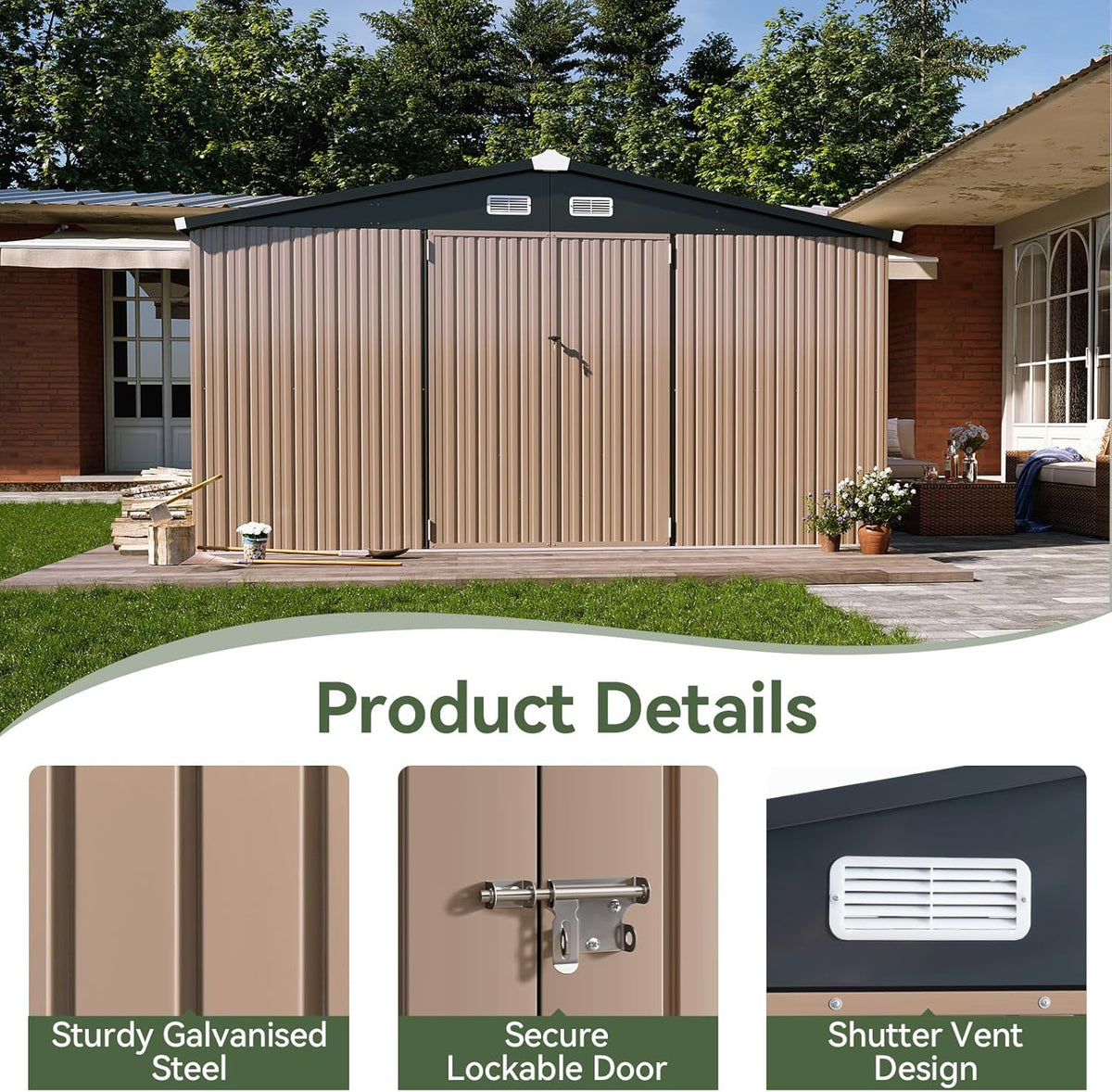 Aoxun 12x10 FT Shed Outdoor Storage Shed with Spacious Doors, Large Shed Steel Utility Tool Shed Storage House with Door & Lock, Metal Sheds with Sloped Roof for Garden Patio Lawn Poolside, Brown