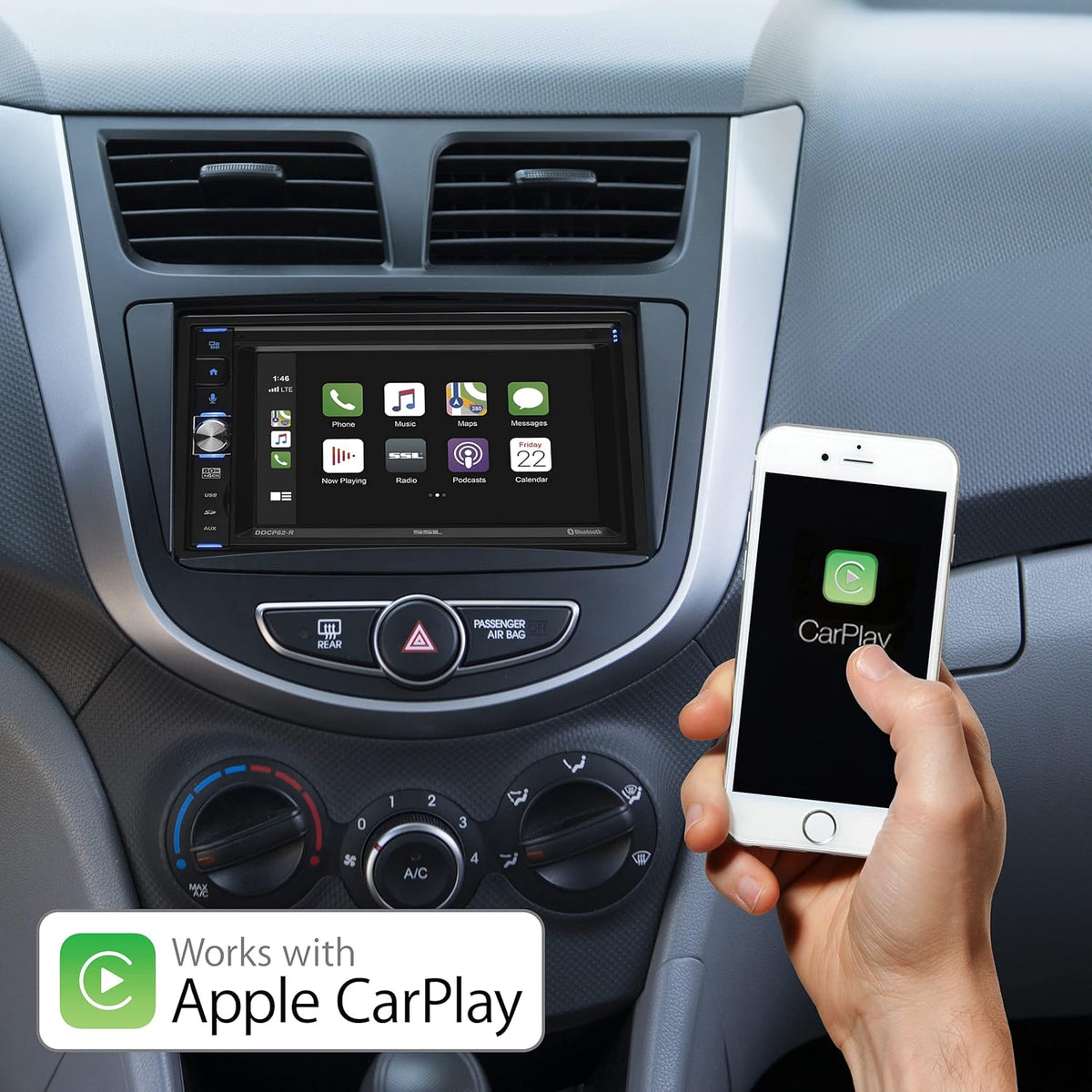 Sound Storm Laboratories DDCP62-R Apple CarPlay Car Multimedia Player - Double-Din, 6.2 Inch Capacitive Touchscreen, Bluetooth, USB, SD, Aux AV in, No CD DVD, AM/FM, Backup Camera Included