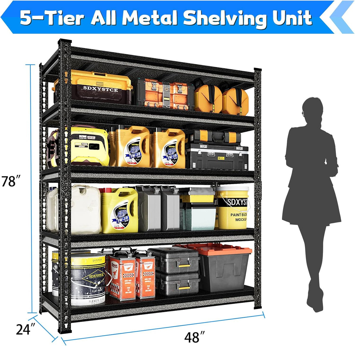 48" W Garage Shelving Heavy Duty, 3000LBS Loads Adjustable Garage Storage Shelves, 5-Tier Metal Shelving Units and Storage Racks, Industrial Utility Shelf,47.4" Wx23.6 Dx78 H, Silvery
