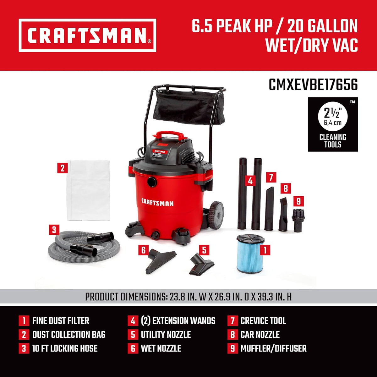 CRAFTSMAN CMXEVBE17656 20 Gallon 6.5 Peak HP Wet Dry Vac with Cart, Heavy-Duty Shop Vacuum Wet and Dry with Fine Dust Filter, Dust Bag, Hose and Attachments for Shop, Garage, Jobsite Cleaning