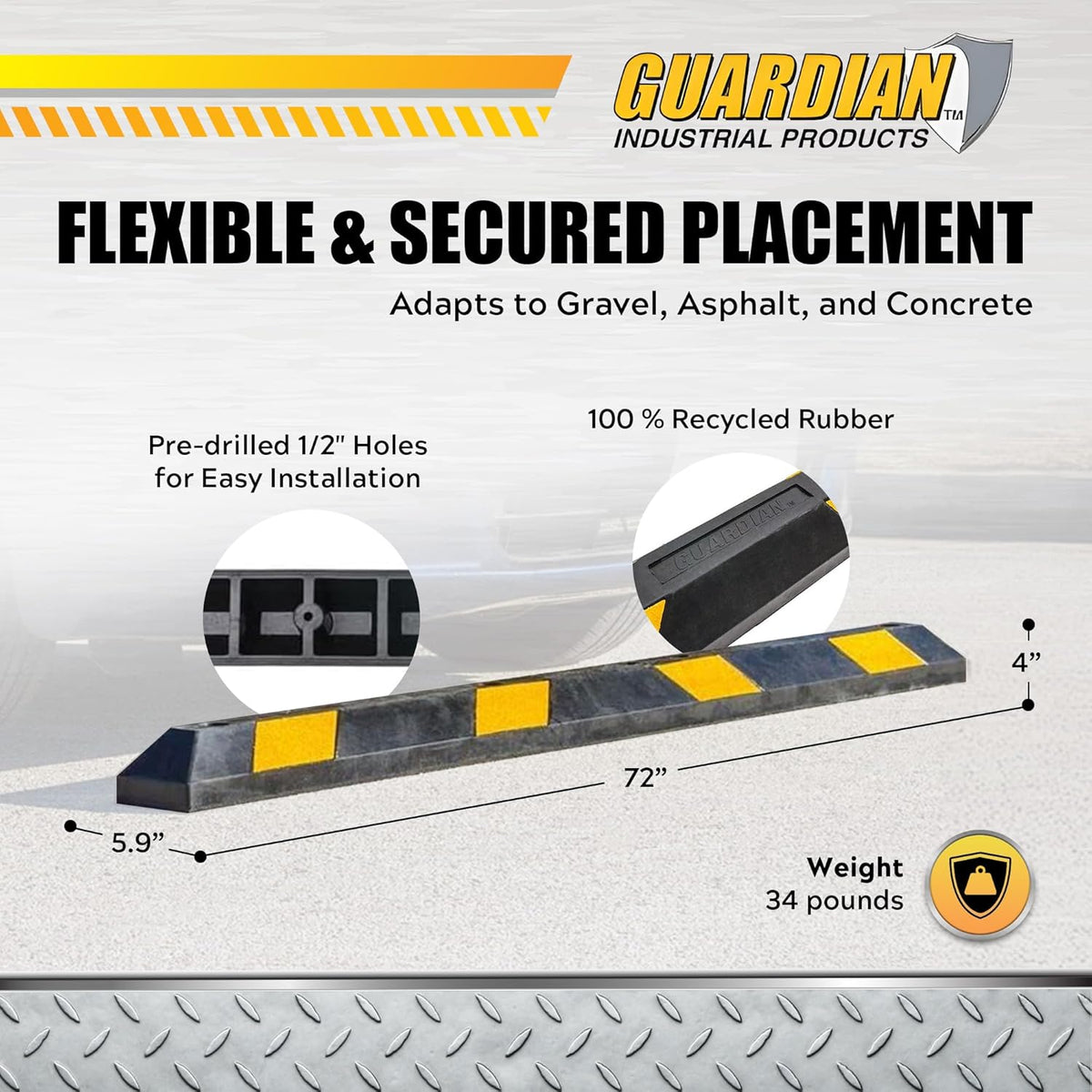 Guardian Parking Stop, 6 Foot Long Rubber Curb with Mounting Holes, Black/Yellow - Highly Visible Accessory for Job Sites & Garages