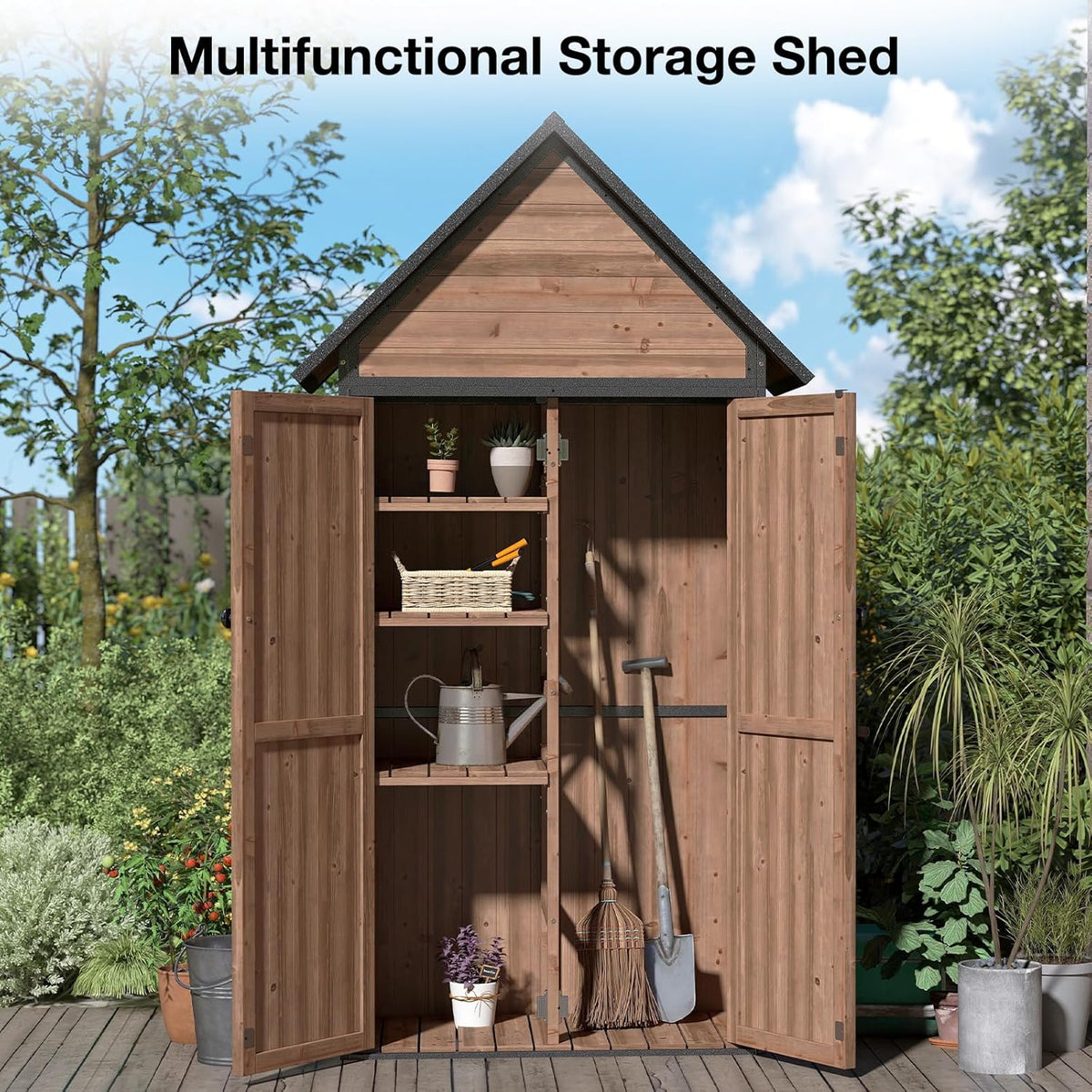 Outdoor Storage Shed with Waterproof Roof - Heavy-Duty Metal & Wood Garden Cabinet, Adjustable Shelves, Large Capacity Waterproof Design for Patio, Garage, Backyard (Dark Brown)