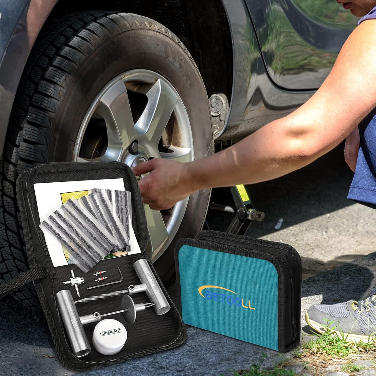 Tire Repair Kit, Sets of 2-24pcs Professional Heavy Duty Universal Emergency Flat Tire Repair Kit to Fix Punctures, for car Motorcycle, Truck, Golf Cart, ATV, Tractor, ARB, RV, SUV, Trailer etc.
