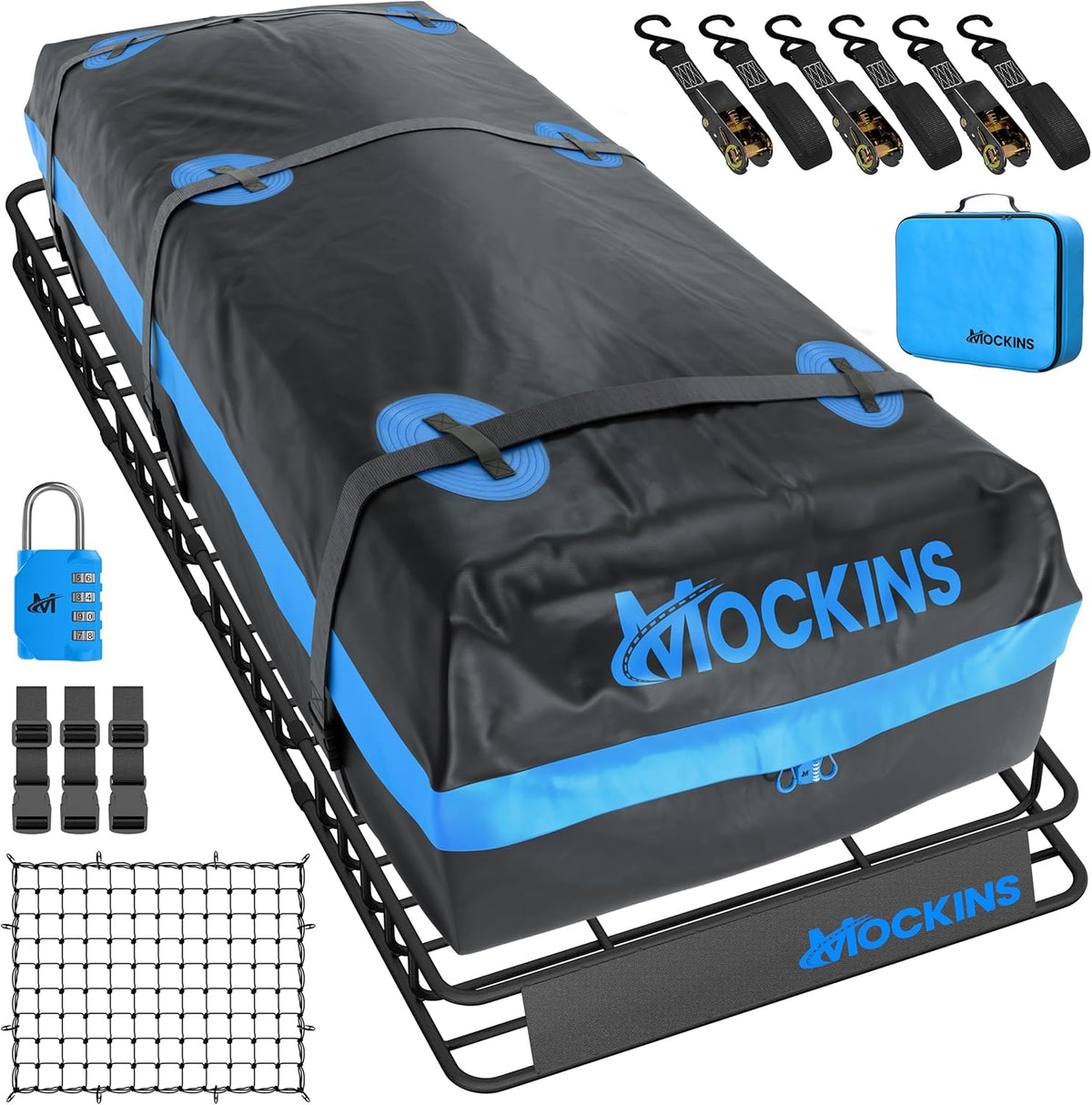 Mockins XL 84"x39"x6" Extendable Roof Rack Cargo Carrier & 35 CuFt Waterproof Cargo Bag for Top of Car | 3 Length Sizes: 40",63",84" Luggage Rack for SUV, Car, & Truck with Roof Basket Accessories