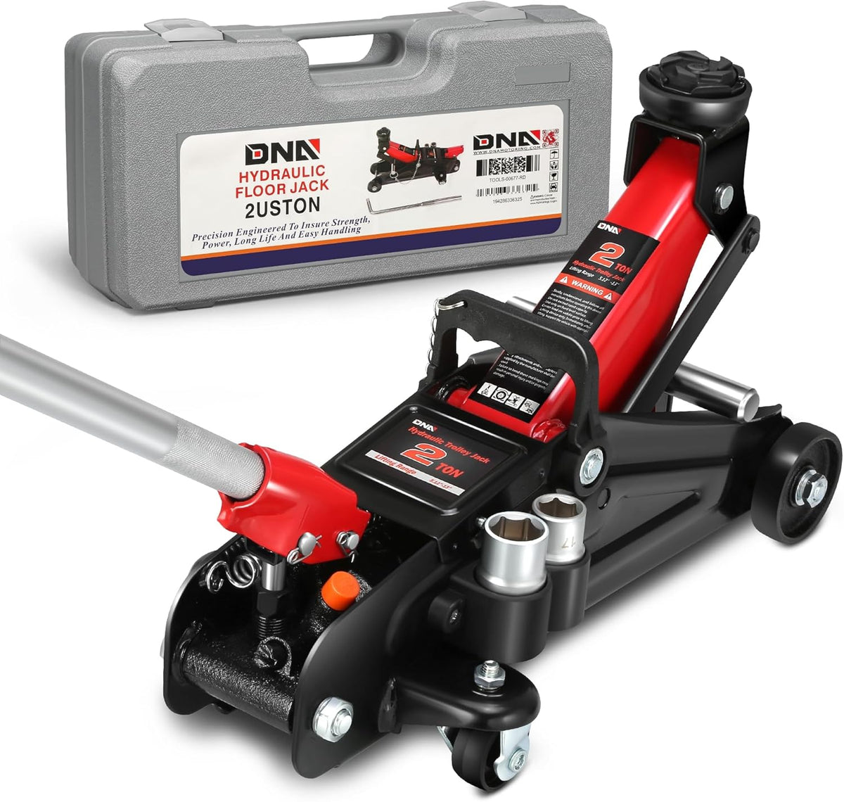 DNA MOTORING Floor Jack with Socket and Lock, Low Profile Hydraulic Trolley Jack for Cars Lift, 2 Ton (4000 lbs) Capacity, Lifting Range 5.12"-13", Red, TOOLS-00677-RD