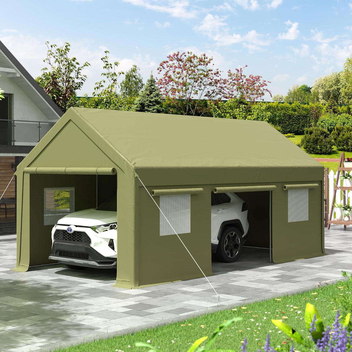 12x20 FT Carport, Heavy Duty Carport, Portable Garage with Side-Opening Door & Roll-Up Windows, Car Canopy Reinforced Four-Hole Base for Car, Truck, Boat, Motorcycle, Green