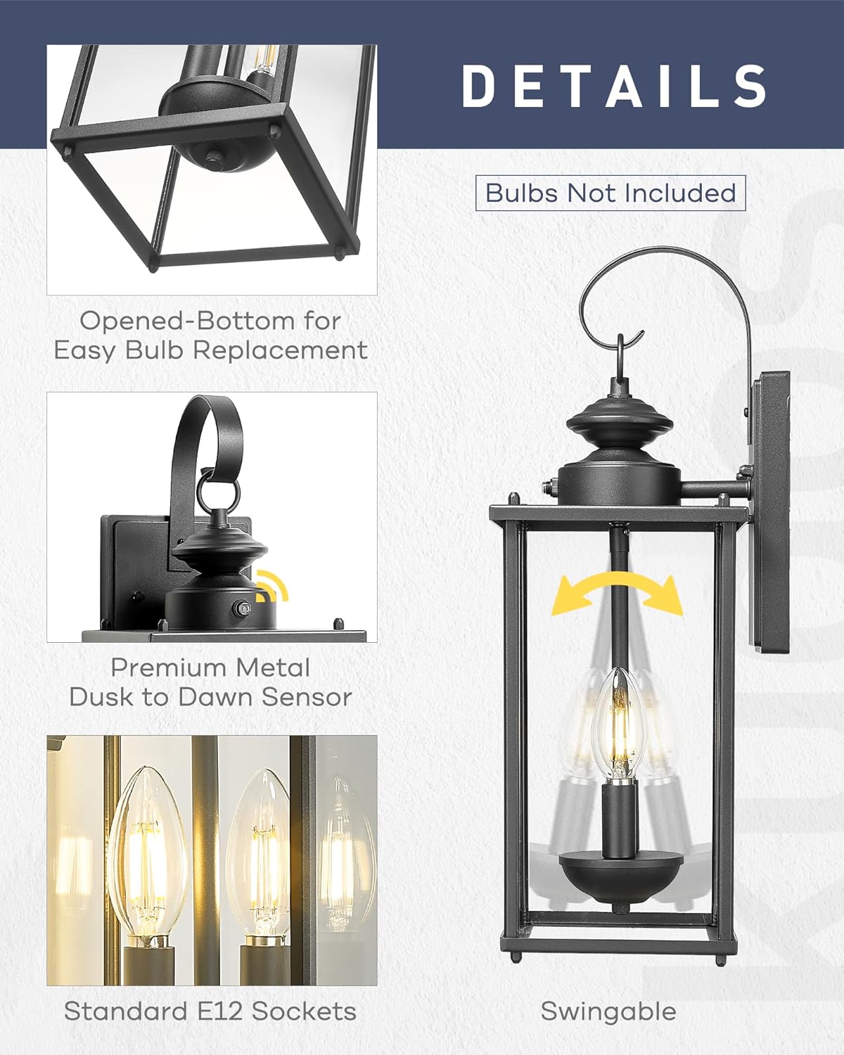 kudos Dusk to Dawn Outdoor Lighting,18.1 inch Light Sensor Porch Lights, Anti-Rust Waterproof Outdoor Wall Light for Patio, Garage, Black with Clear Glass, KDOWL02-BK-L-LC