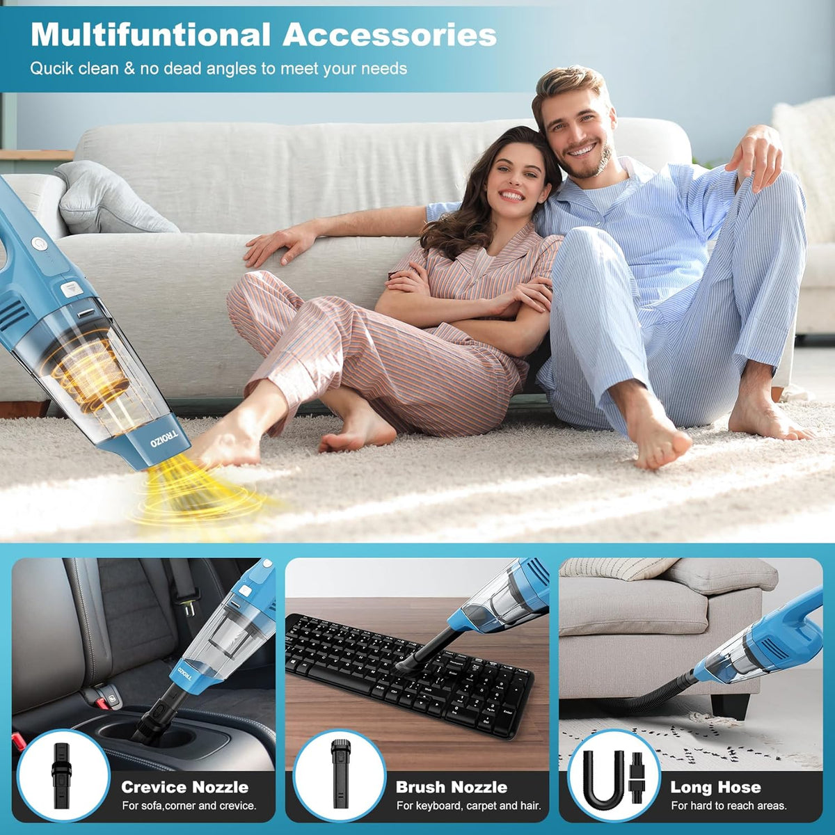 Handheld Vacuum Cordless, 14500PA Powerful Suction Hand Held Vacuum Cleaner with Brushless Motor, Rechargeable and Portable Car Vacuum Cleaner with Multi Accessories for Home Office Car Pet