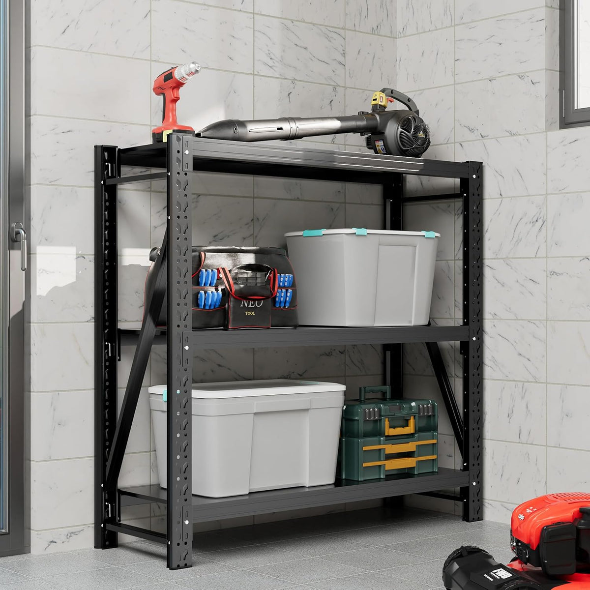 Garage Shelving Unit 1 Set Rustproof 50“W Heavy Duty Storage Shelves Easy Assembly 3 Tier Adjustable Metal Steel Utility Shelf Rack Garage Storage Organize for Tools Basement,Warehouse