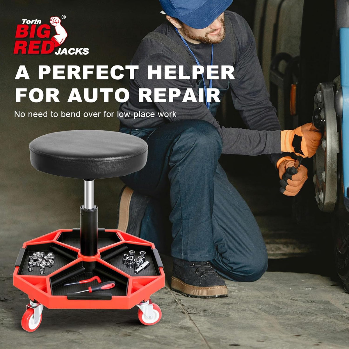 Torin ATRXF8308B Pneumatic Mechanic Stool/Rolling Shop Creeper Seat with Adjustable Height and 4 Removable Tool Trays, 300 lb Capacity, Black/Red