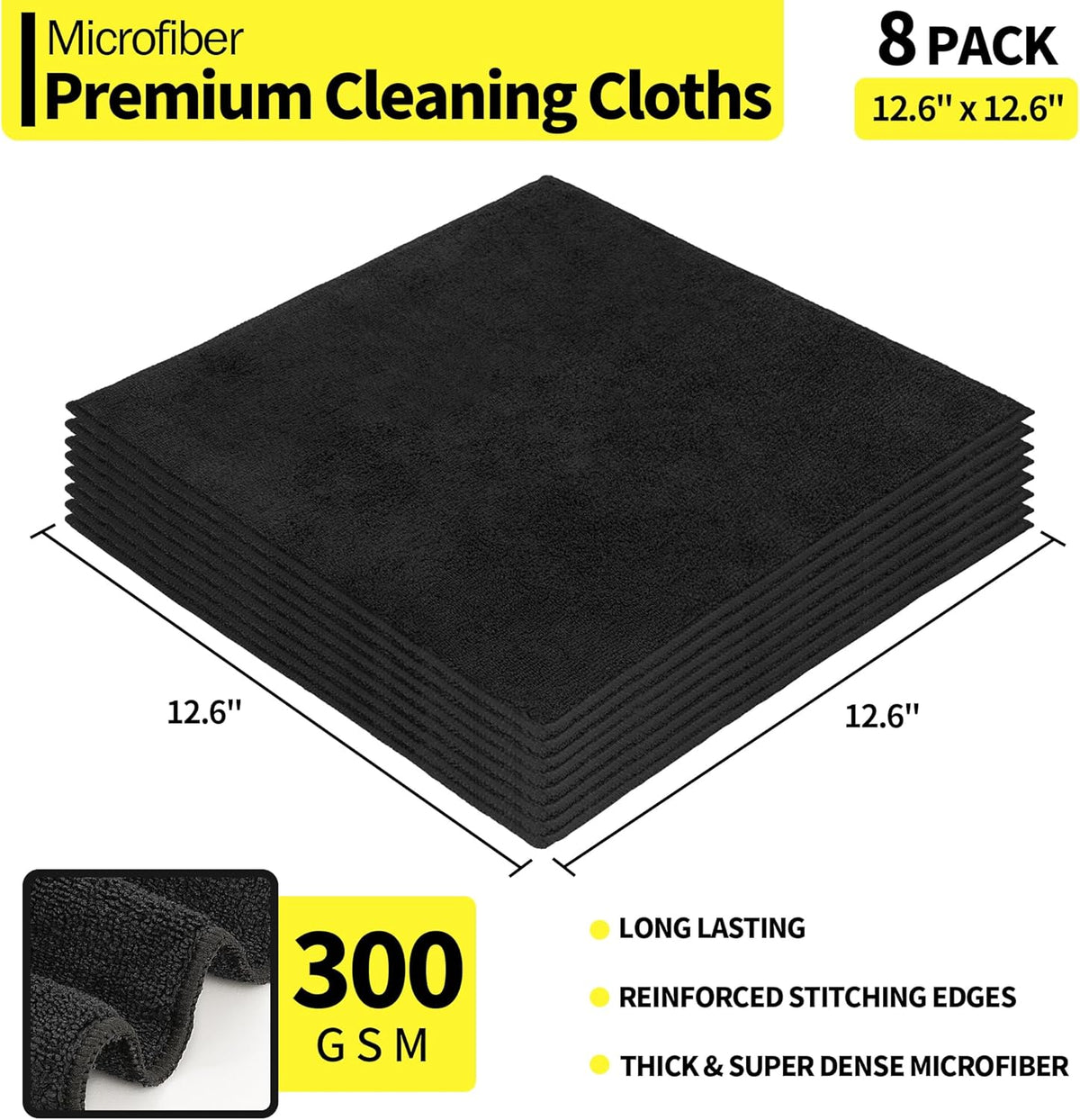 HOMERHYME Premium Microfiber Cleaning Cloth, 8 Pack, 12.6" x 12.6" Cleaning Towels, Lint-Free & Streak-Free, Ultra Absorbent, 300GSM, Reusable Microfiber Towel for Cars Kitchen Garage House Office