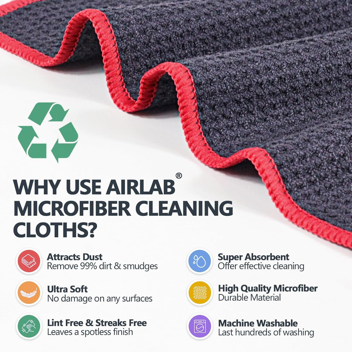 Airlab Microfiber Cleaning Cloth Waffle Weave Dust Rags for Household Kitchen Towel Absorbent Quick Drying Cleaning Rags Streak Free Lint Free, 6 Pack,12 x 12 Inches, Grey