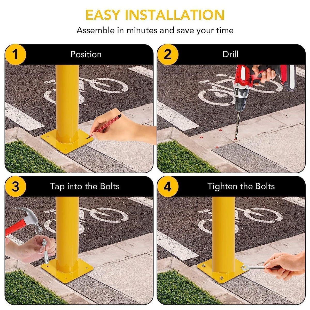 Safety Bollard, 4 Packs 48 Inch Metal Safety Bollard Post with 16 Anchor Bolts, 4.5 Inch Diameter Steel Safety Bollard for Driveway Barrier, Parking Pole,Traffic Control