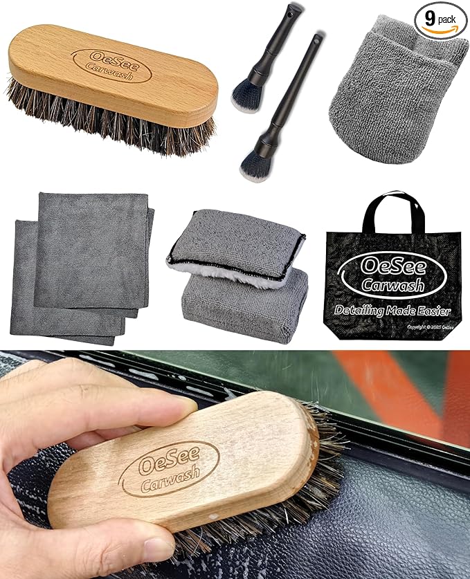 PRO Car Interior Cleaning Kit (9-Piece) - Deep Clean Tools for Leather, Dashboard & Upholstery | Boar Bristle Brush, Dual-Sided Scrub Sponge, Microfiber Towels, Polish Scrub Mitt, Detailing Brushes