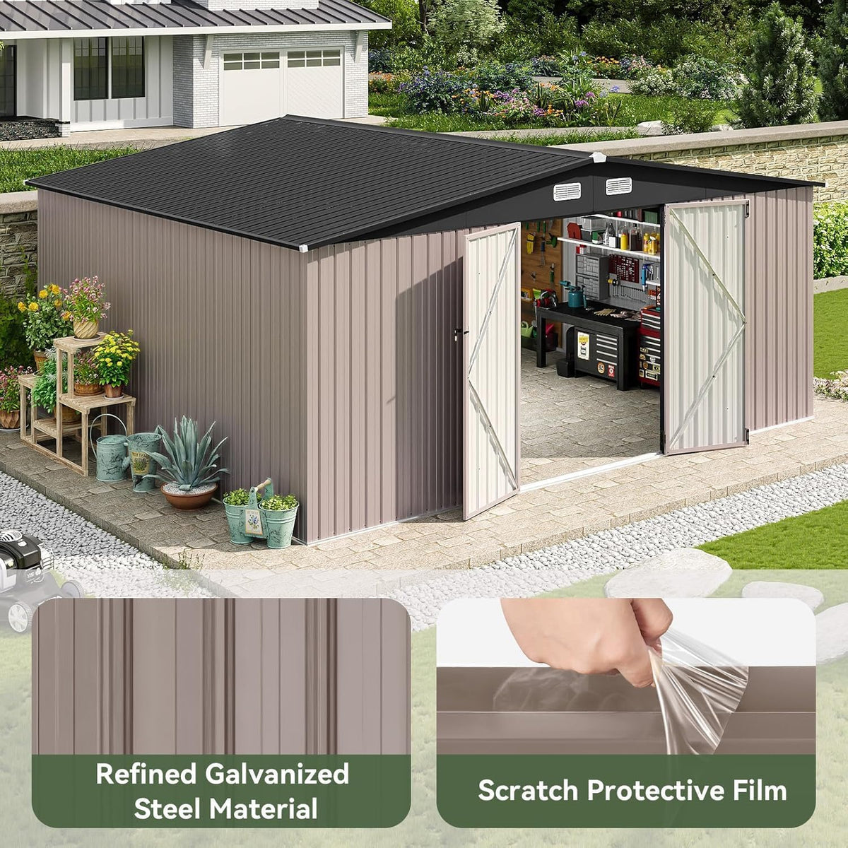 Aoxun 14x12 FT Shed Outdoor Storage Shed with Spacious and Tall Doors, Large Shed Steel Utility Tool Shed Storage House with Door & Lock, Metal Sheds with Sloped Roof for Garden Patio Poolside, Brown