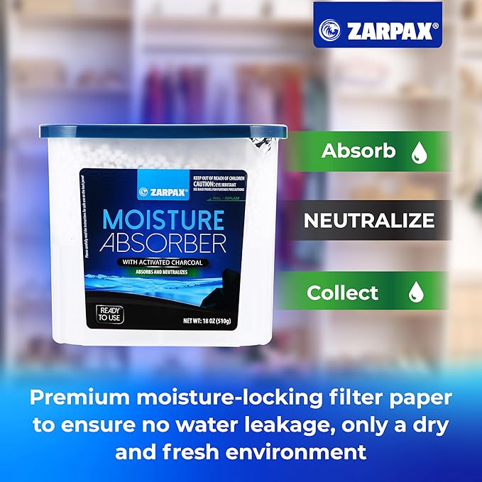ZARPAX Moisture Absorber Activated Charcoal 18 oz/510g | Removes Moisture, Damp, Humidity & Odors | Odor Absorber | Moisture Trap for Bathroom, Closet, Kitchen & Small Spaces | Set of 6