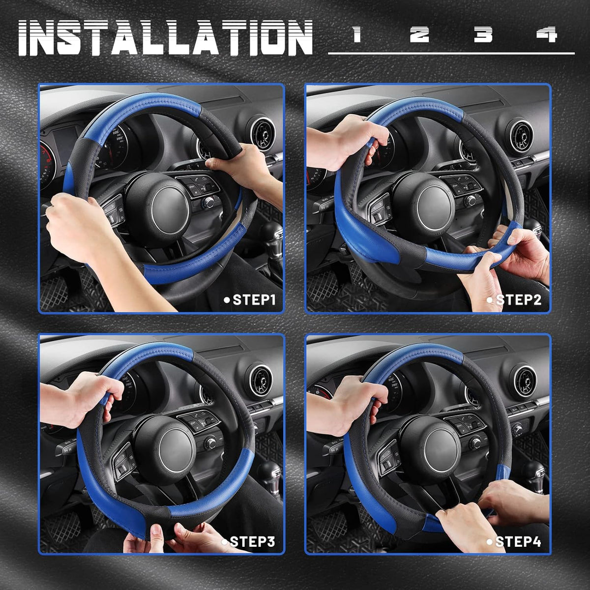 SEG Direct Car Steering Wheel Cover for Prius Civic Model 3 Model Y Camaro, Small Size 14-14.25 inch, Black and Blue Microfiber Leather