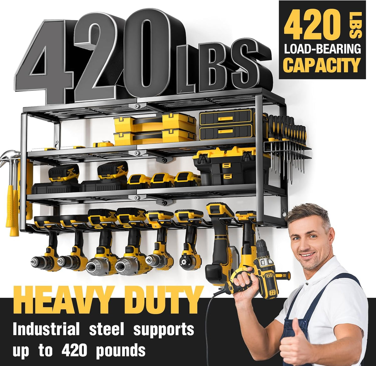 YYR 4 Layer Power Tool Organizer Wall Mount, Cordless Drill Hanger Storage Rack, Battery Tools Holder with Charging Station Shelf for Garage Organization, Workshop, Pegboard, Shed - 32 Inch 8 Slots