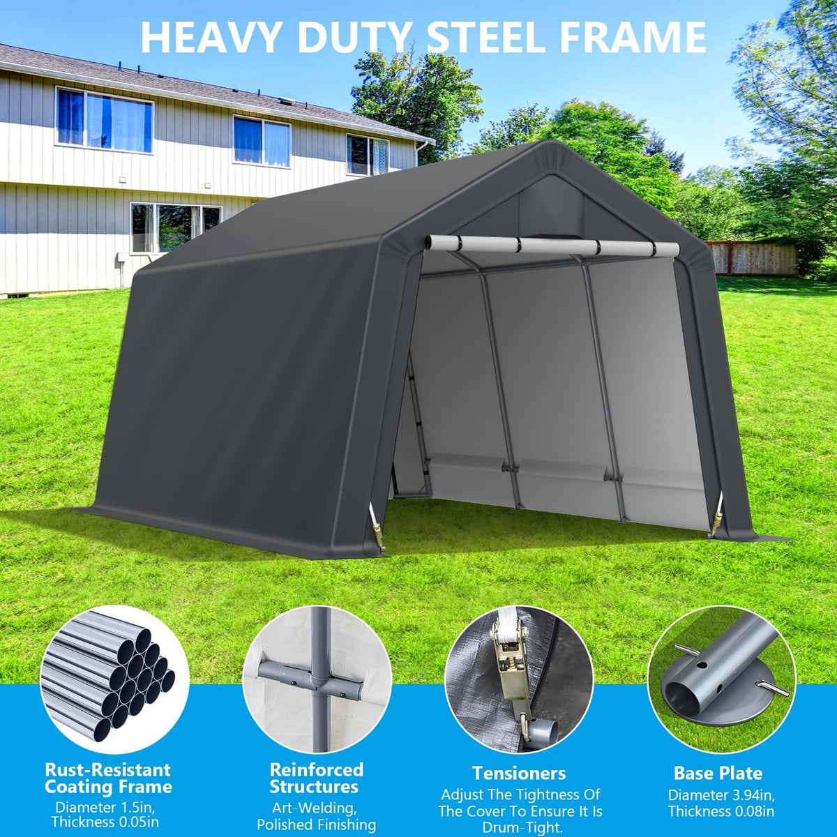 10x15FT Outdoor Storage Shelter Carport,Thickened Double-layer Heavy Duty Storage Shed Carport with Roll-up Zipper for Bike, Motorcycle, Garden Storage, Dual-color PE Waterproof and UV Resistant, Gray