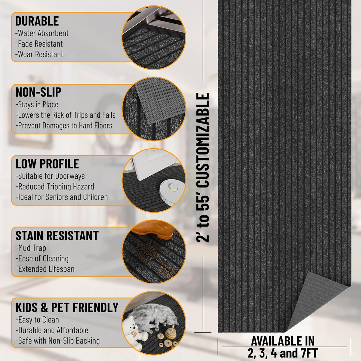 Ottomanson Mud Mat 2' x 2' Entryway Rug - Non-Slip Scraper Doormat for Muddy Paws, Dirt Trapping Indoor/Outdoor Mat for High-Traffic Areas, Kitchen, Garage, Patio, Black