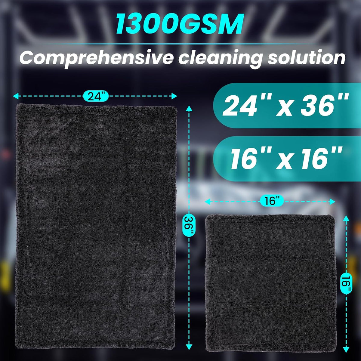 2 Pack 1300 GSM Car Drying Towel,Double-Sided Microfiber Towels for Cars(24'' x 36''&16 ''x 16''),Extra Large Ultra Absorbent,Without Residual Lint,Scratches or Water Spots