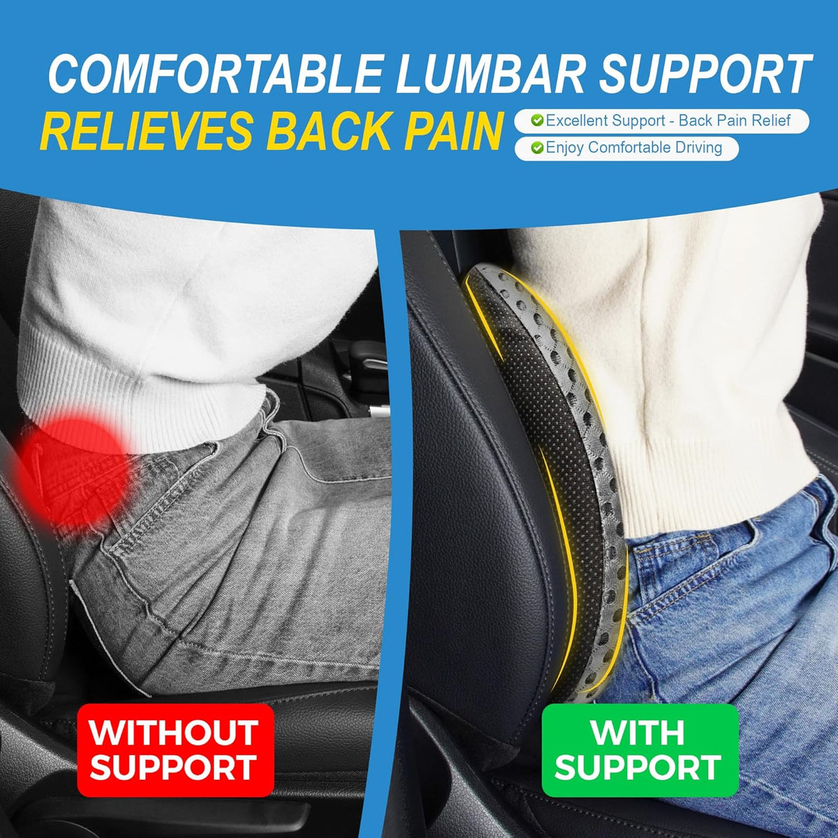 Lumbar Support Pillow for Car, Memory Foam Lumbar Pillow for Lower Back Pain Relief - Back Cushion for Driving, Chair Support for Car-Office Chair, Wheelchair - Mesh Gray