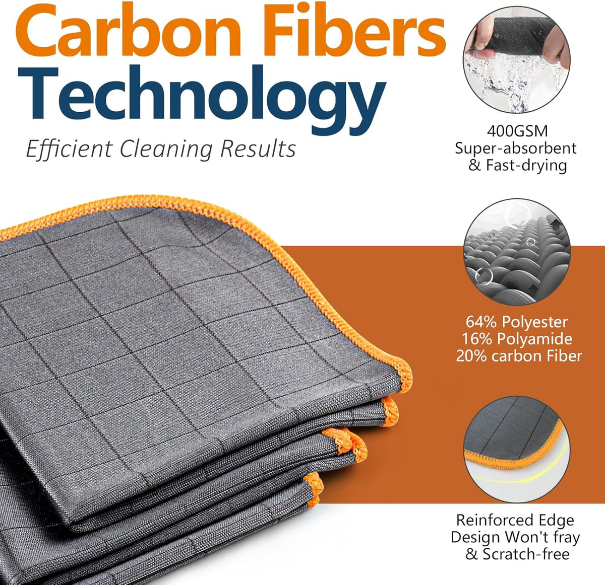 Airlab Carbon Microfiber Towels for Car Glass Window Polishing Cleaning Cloth Auto Detailing Lint Free Streak Free Drying Car Wash Towel, Pack of 3, 12" x 12", Grey-Orange