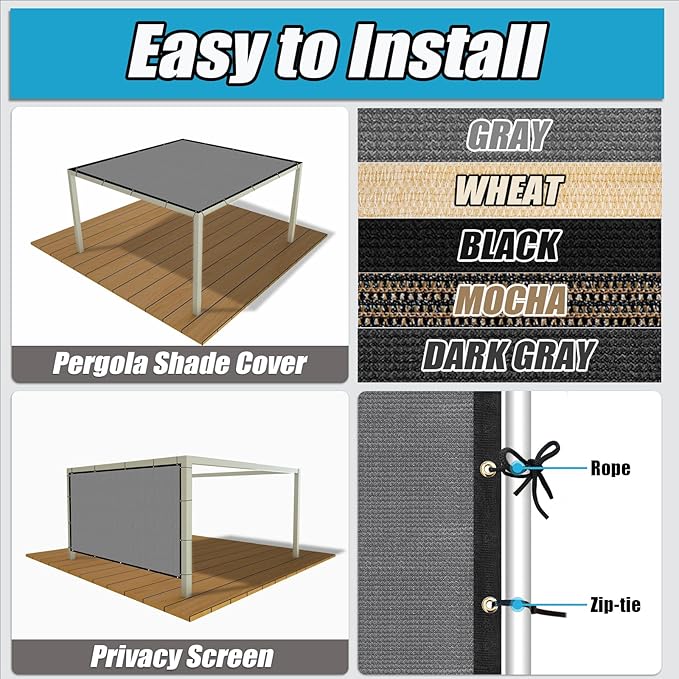 Amagenix 90% Shade Fabric 11'X 17' Gray Sun Shade Cloth with Grommets for Pergola Replacement Shade Cover Canopy, Heavy Duty, Cable Zip Ties Included (We Customized)