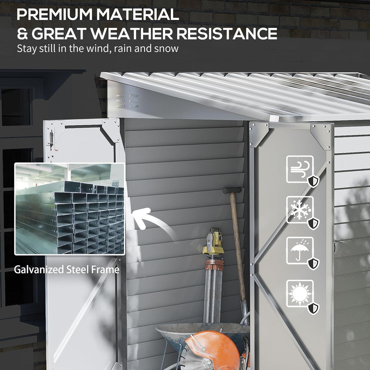 Outsunny 4.6' x 9' Steel Outdoor Storage Shed, Lean to Shed, Metal Tool House with Foundation Kit, Lockable Doors, Gloves and 2 Air Vents for Backyard, Patio, Lawn, White