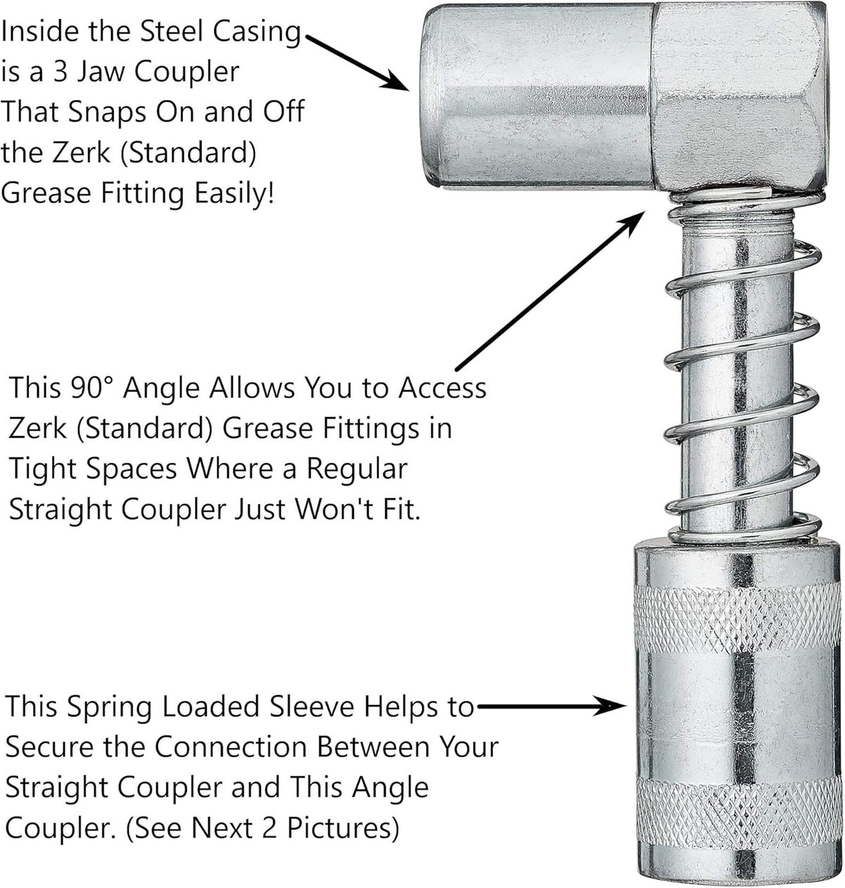 Slippery Pete 90 Degree Grease Coupler Snaps on to Grease Fittings in Tight Spaces