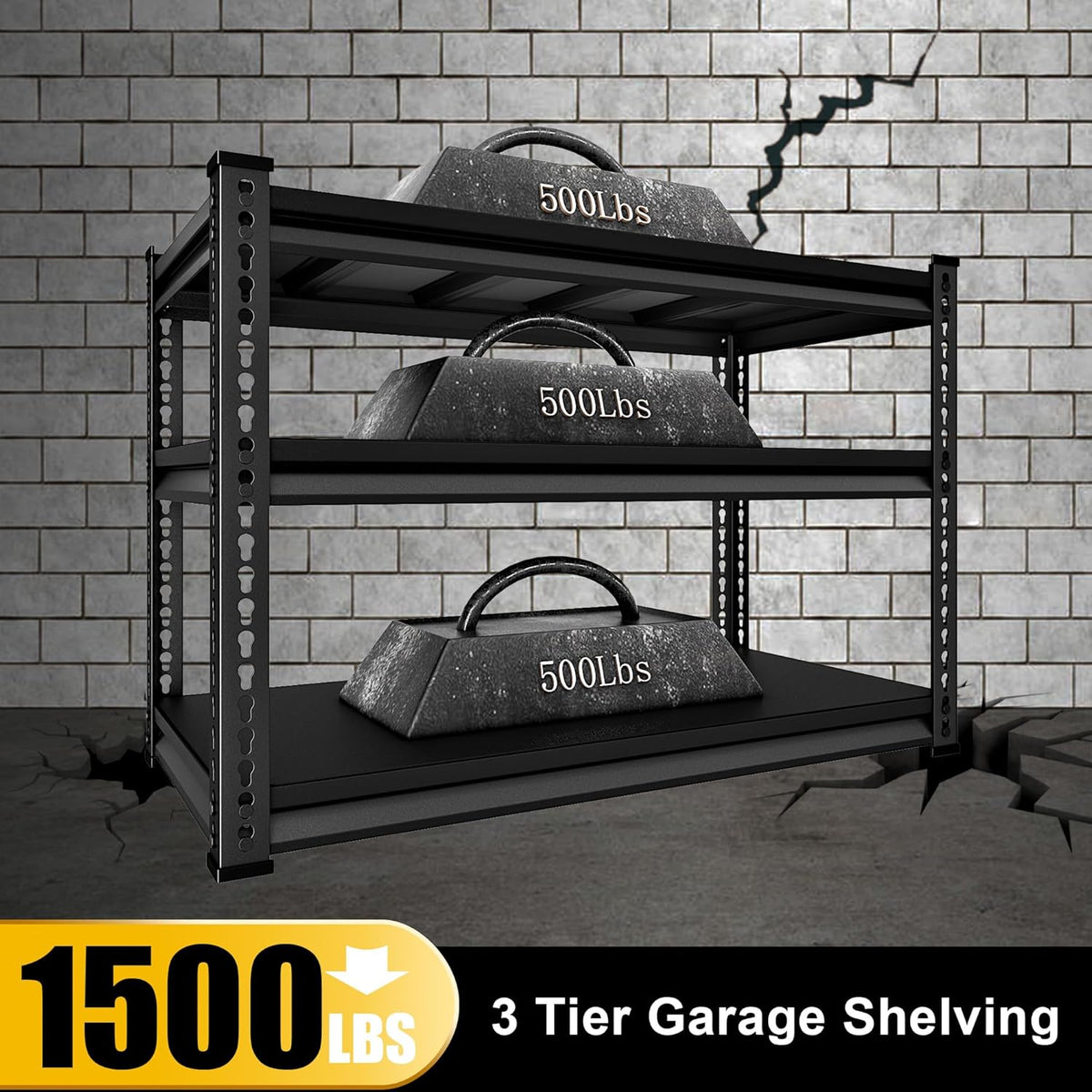 48" W Garage Shelving Heavy Duty, 1500LBS Loads Shelving Units and Storage Racks, 3-Tier Metal Garage Storage Shelves, Industrial Utility Shelf Heavy Duty,48" Wx16 Dx39 H, Black