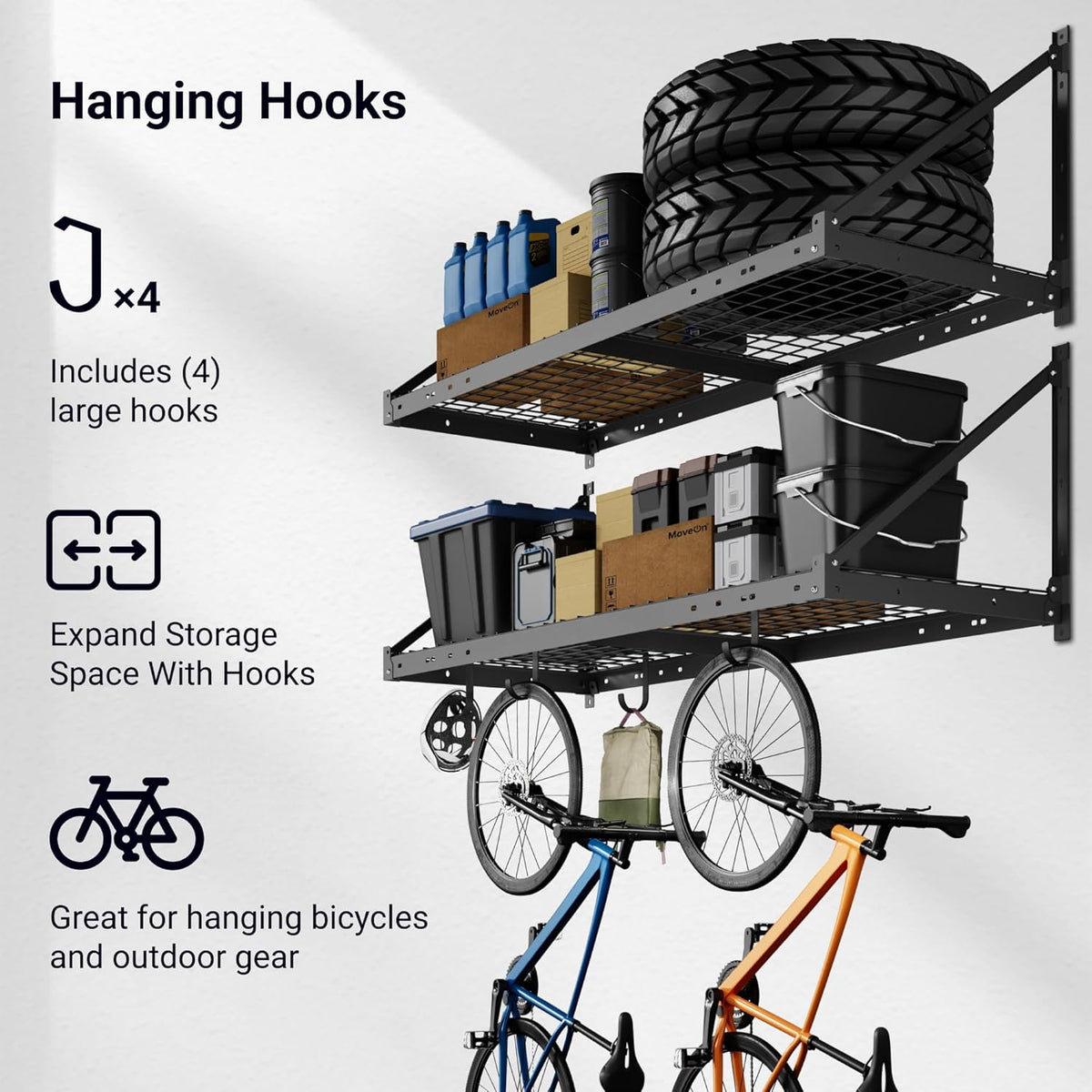 FLEXIMOUNTS 2-Pack 2x4ft Garage Wall Shelving with 4 Hooks - Heavy Duty Garage Storage System, 440 lbs Load Capacity with Brace Guardrail, Wall Mounted Organization for Bikes, Tools, Bins