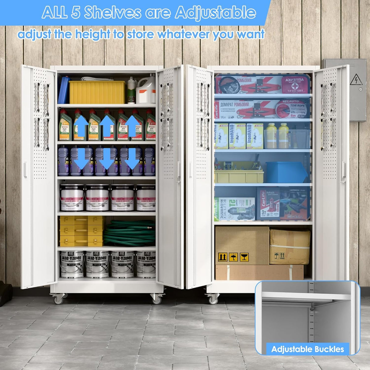 Garage Storage Cabinet with Pegboard and 5 Adjustable Shelves, 71'' x 32'' x 16''Metal Lockable Cabinet with Magnetic Doors,Tool Storage,Home Office Garage,Gym,School(White)