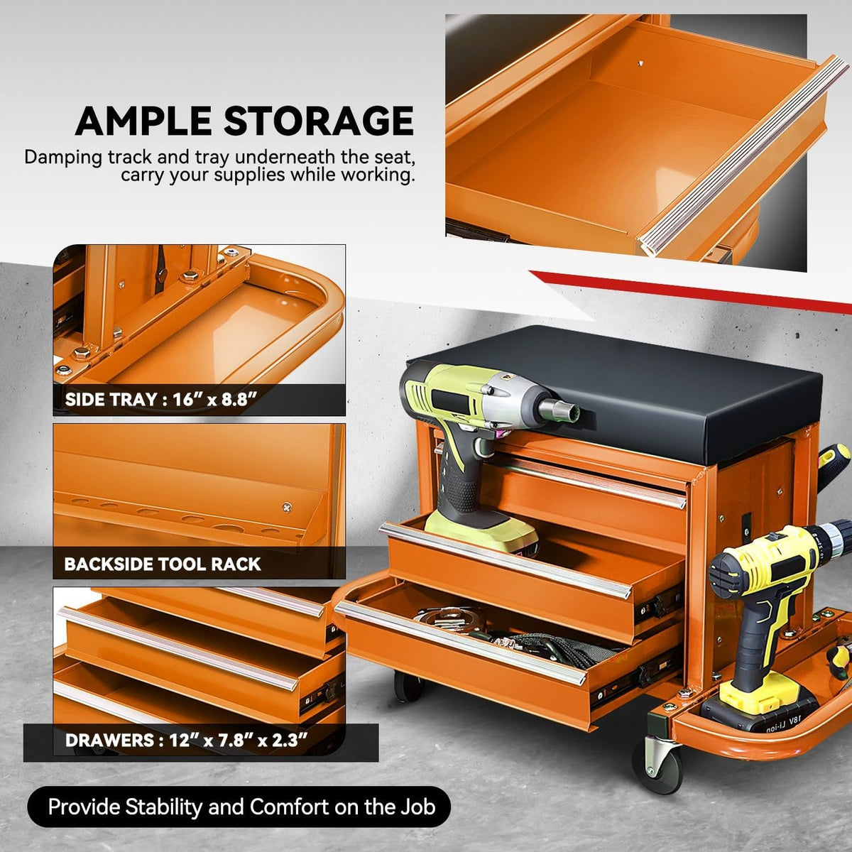 Auto Dynasty 3-Drawer Mechanic Rolling Seat, 350 LBS Capacity Roller Garage Shop Seat with Storage Tool Tray for Workshop, Repair Shop, Warehouse, Orange