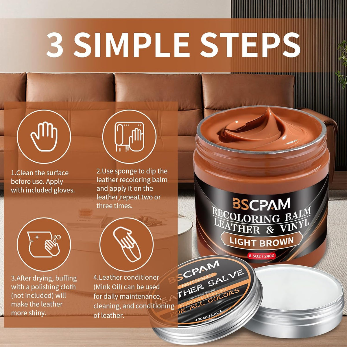 Light Brown Leather Recoloring Balm with 100ml Mink Oil,Leather Couch Scratch Remover,Leather Repair kit for Vinyl Furniture and Car Interior,Leather Dye Paint,Mink Oil for Leather