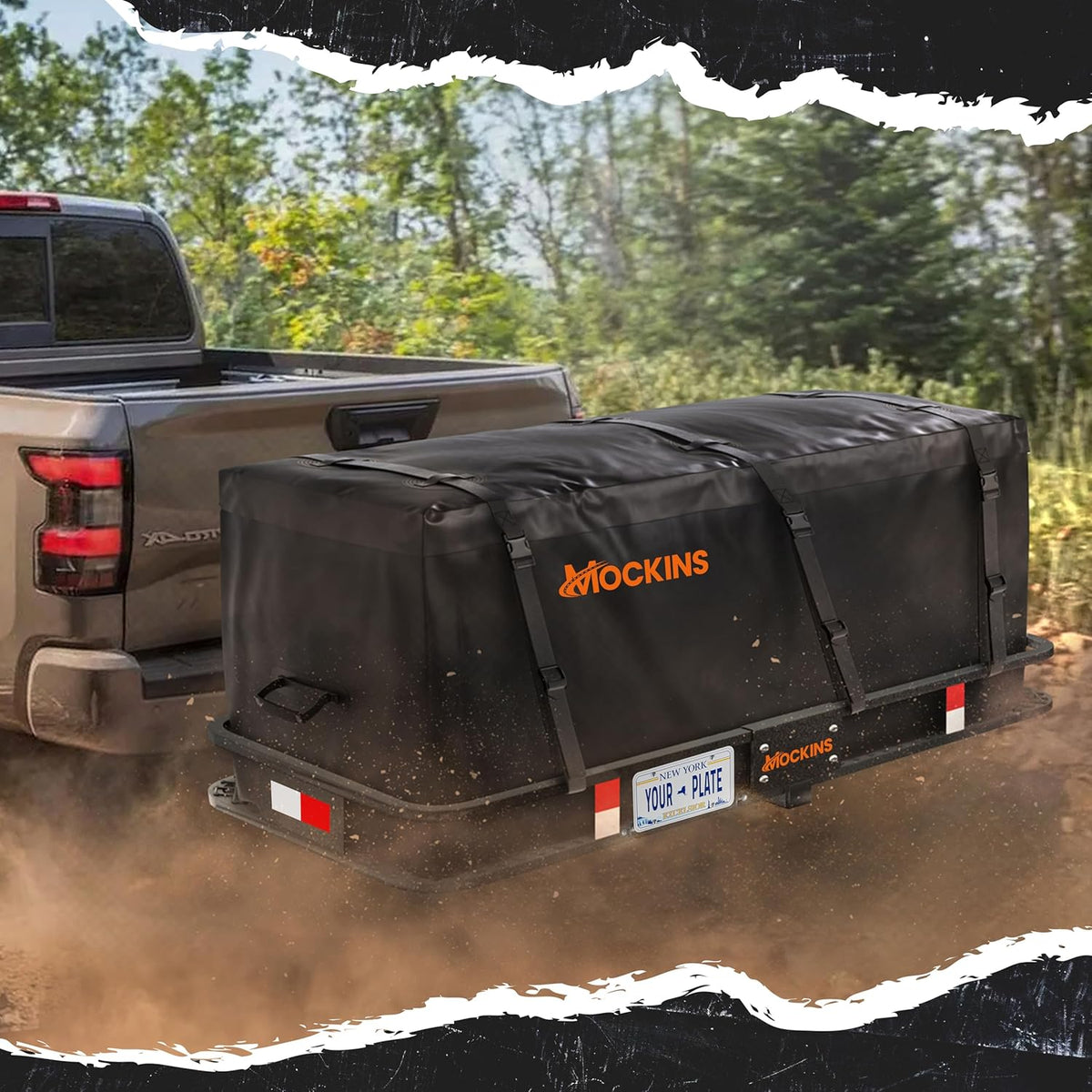 Mockins 60"x20"x6" Heavy Duty Trailer Hitch Cargo Carrier w/License Plate Holder & 16 Cu.Ft. Waterproof Cargo Bag for Hitch Carrier | All-Weather 500 Lbs. Cap Folding Luggage Rack for SUV Car & Truck