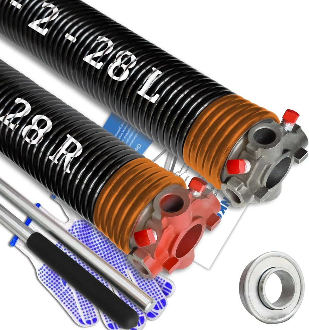 Garage Door Torsion Spring Set, Pair of 2" Electrophoresis Coated Garage Door Spring Replacement with 2 Non-Slip Winding Bars and Bearing, Minimum 16000 Cycles (.234x2x28")