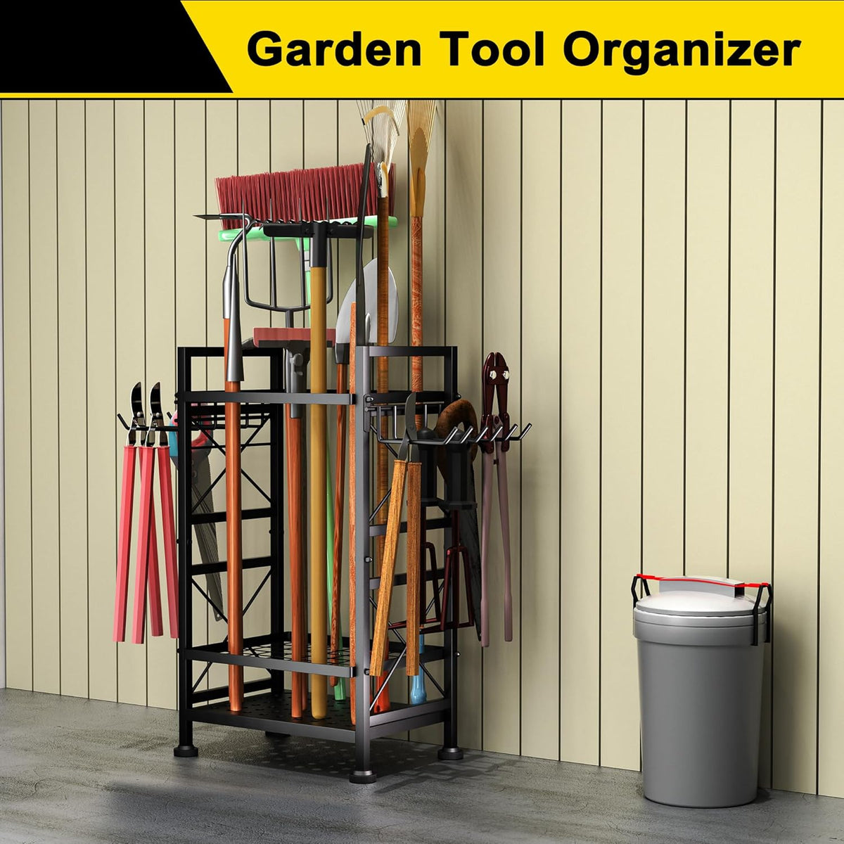 GIOTORENT 3 Tier Metal Garden Tool Organizer - Heavy Duty Yard Storage for Up to 78 Tools, Indoor/Outdoor Garage Patio Shed Organization - Black