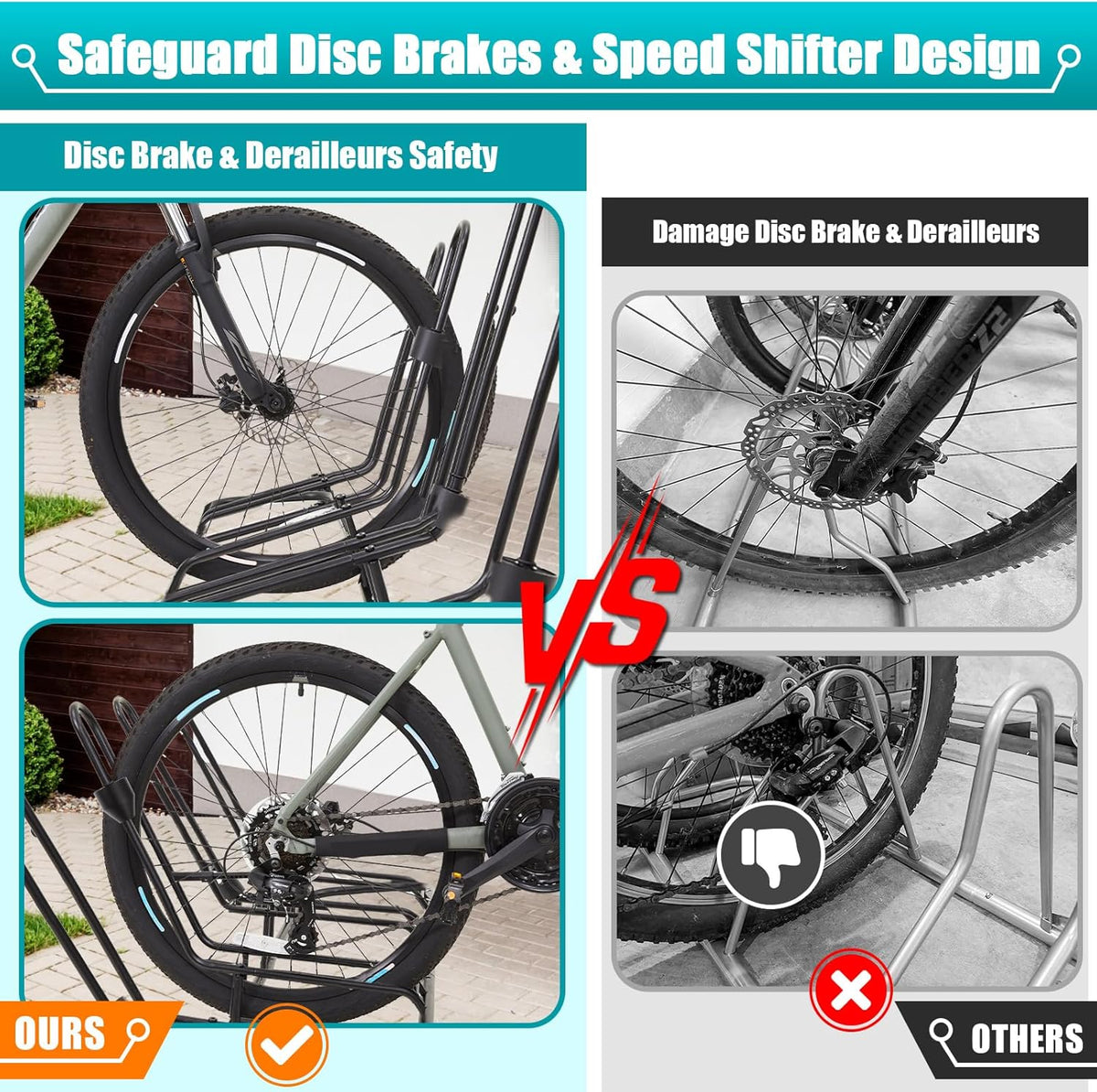 Floor Bike Rack for 4 Bikes, Bike Stand Anti-Collision Protects Disc Brake & Derailleur, Bicycle Holder Road/Kids/MTB Bicycles, Fits 12"-29" Tires, for Indoor Outdoor Garage