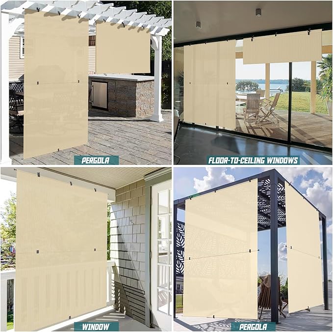 Bynbbur 7'W x 5'H Outdoor Patio Shades Foldable Roller Blinds, 220 GSM Sun Shade Roll Up Porch Screens Exterior Shade Cloth for Deck Pergola Backyard, Beige