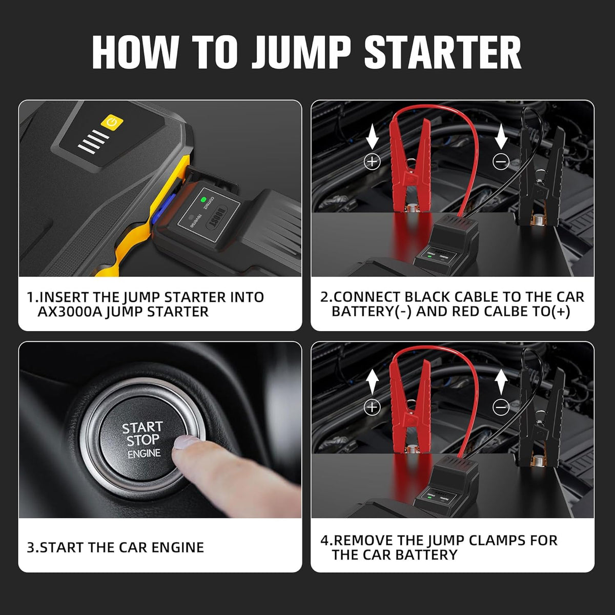 ASPERX 3000A Jump Starter for Car Battery, 12V Portable Jump Box with LED Light & Smart Jumper Cables, BMS for Up to 10.0L Gas or 8.0L Diesel Engines-Yellow