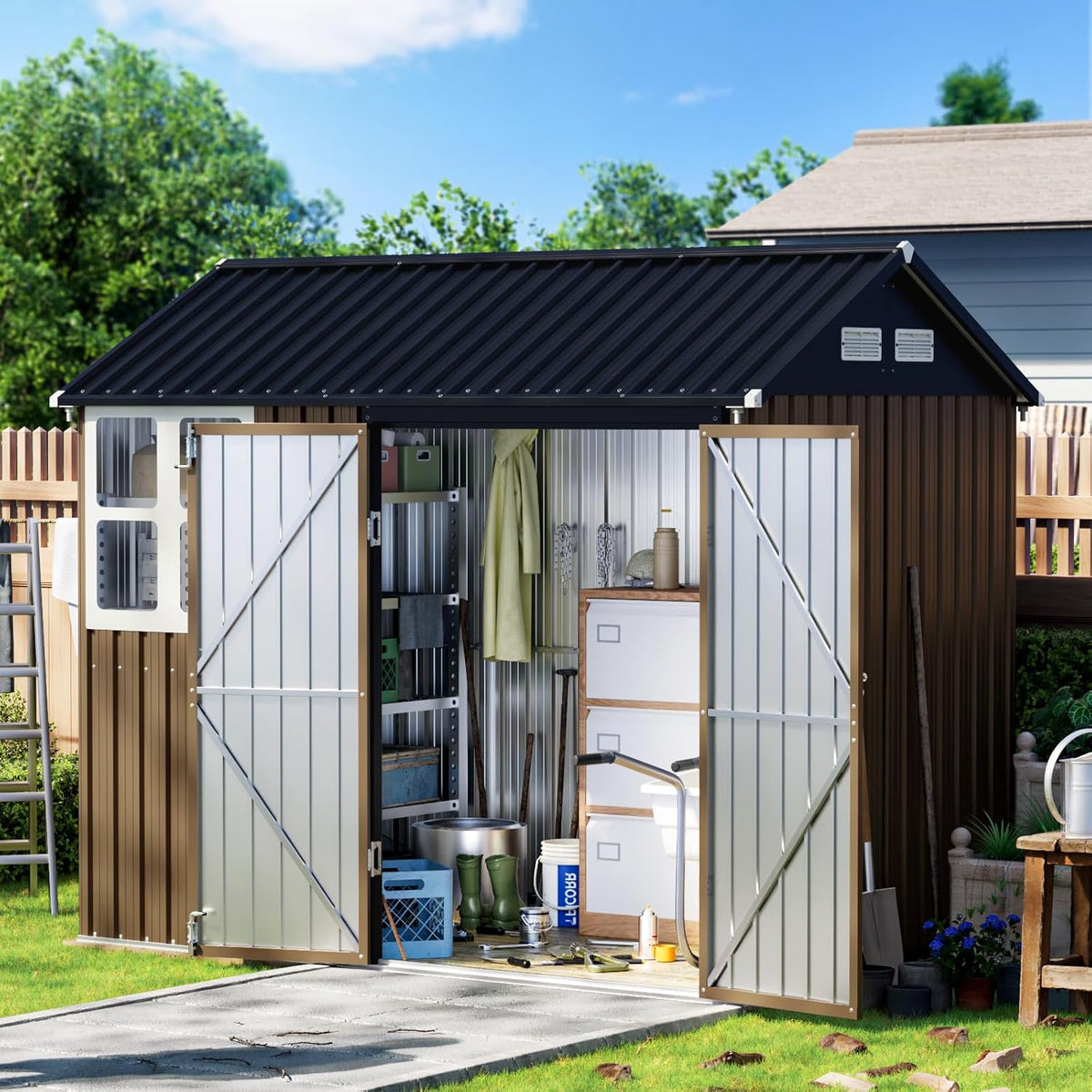 8X6FT Outdoor Steel Storage Shed with Lockable Doors, Frame Floor (No Wood/Other Boards),One Window,Ideal for Garden, Backyard, Patio Storage,Brown