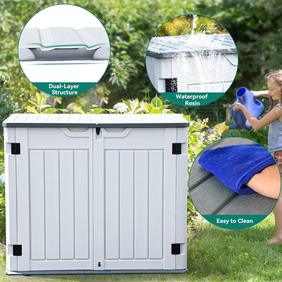YITAHOME Extra Large Outdoor Horizontal Storage Shed, 4.5x4ft Resin Tool Sheds w/o Shelf, Easy to Assemble Waterproof Storage for Trash Cans, Garden Tools, Lawn Mower, Lockable, Light Gray