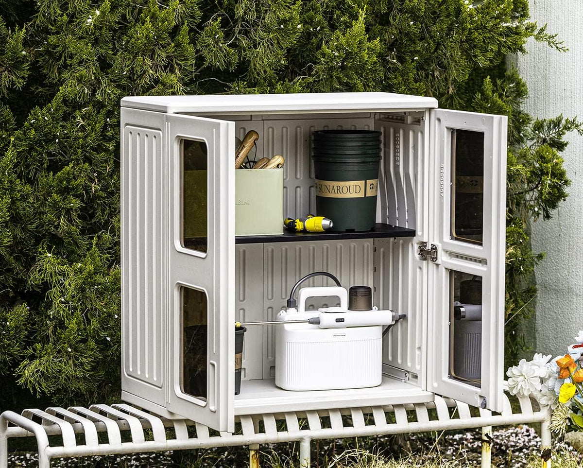 KINYING Outdoor Storage Cabinet Waterproof,Resin Garage and Laundry Room Wall Mounted Cabinets,Outdoor Storage Box with Doors and Shelves,White